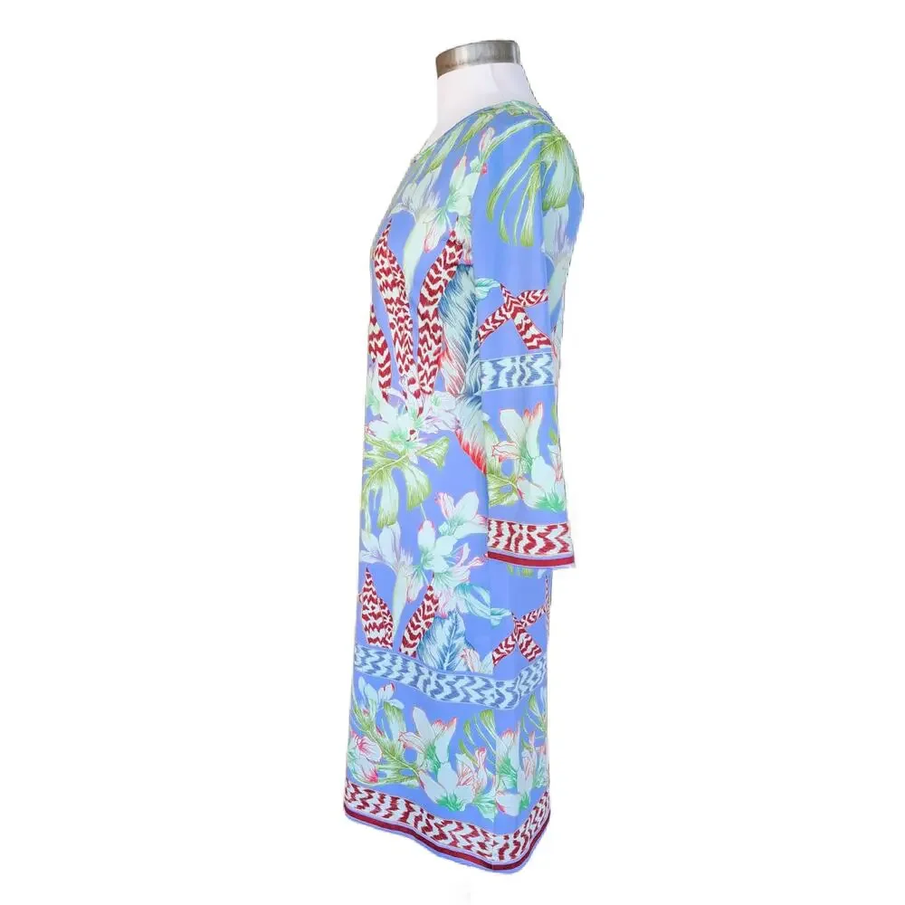 Jean-Peirre Klifa Paris Tropical Floral Print Dress Small 3/4 Sleeve Blue - Picture 3 of 9